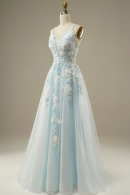 Light Blue A-Line Spaghetti Strap Tulle Beading Long Prom Dress Sweet Embroidery Applique Graduation Prom Dress Evening Dress ED01617