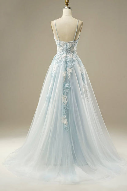 Light Blue A-Line Spaghetti Strap Tulle Beading Long Prom Dress Sweet Embroidery Applique Graduation Prom Dress Evening Dress ED01617
