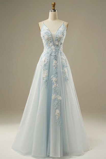 Light Blue A-Line Spaghetti Strap Tulle Beading Long Prom Dress Sweet Embroidery Applique Graduation Prom Dress Evening Dress ED01617