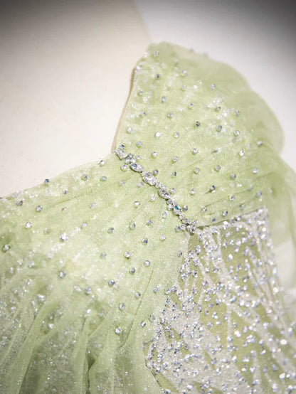 Sage A-Line Off the Shoulder Glittering Tulle Sequins Long Prom Dress Sweet 16 Dress ED01618