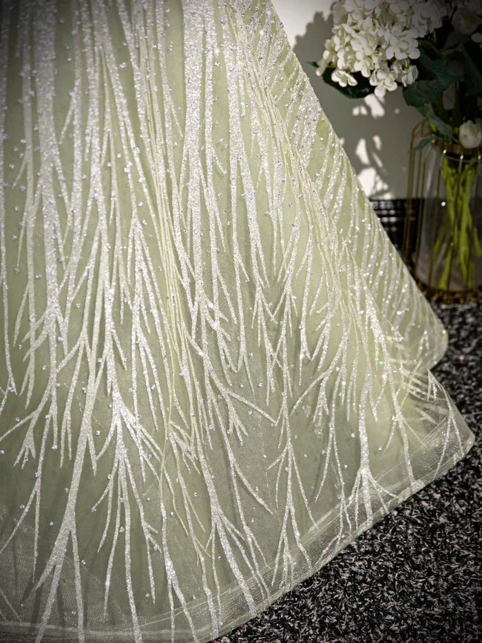 Sage A-Line Off the Shoulder Glittering Tulle Sequins Long Prom Dress Sweet 16 Dress ED01618