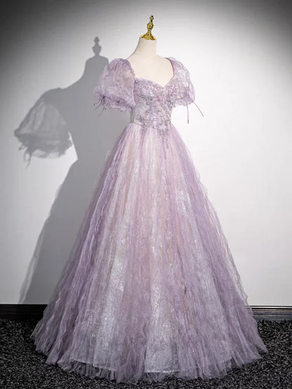 Sweet Lilac A-Line Sweetheart Tulle Beaded Long Prom Dress Puffy Sleeves Graduation Dress ED01619