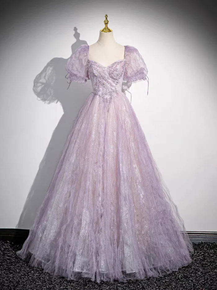 Sweet Lilac A-Line Sweetheart Tulle Beaded Long Prom Dress Puffy Sleeves Graduation Dress ED01619