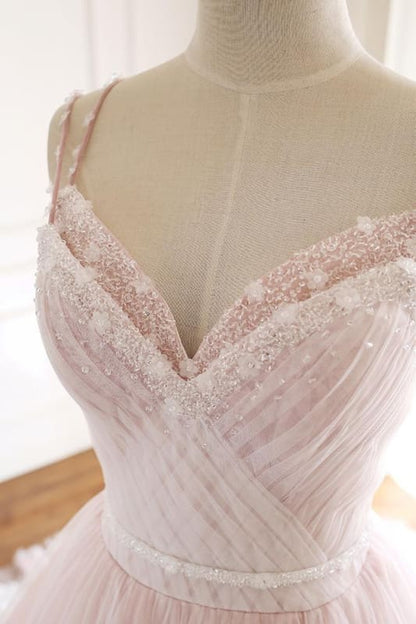 Pink A Line Spaghetti Strap Tulle Beaded Long Prom Dress Sweet Applique Wedding Dress ED01622