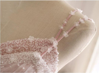 Pink A Line Spaghetti Strap Tulle Beaded Long Prom Dress Sweet Applique Wedding Dress ED01622