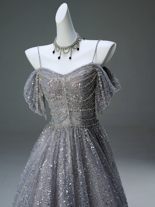 A-Line Spaghetti Strap Mesh Sequin Long Prom Dress Graduation Prom Adult Ceremony Dress ED01626