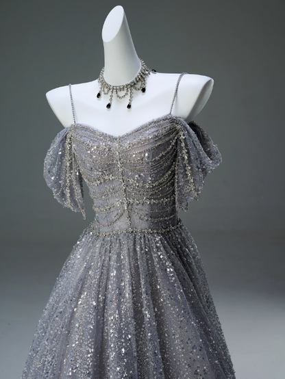 A-Line Spaghetti Strap Mesh Sequin Long Prom Dress Graduation Prom Adult Ceremony Dress ED01626