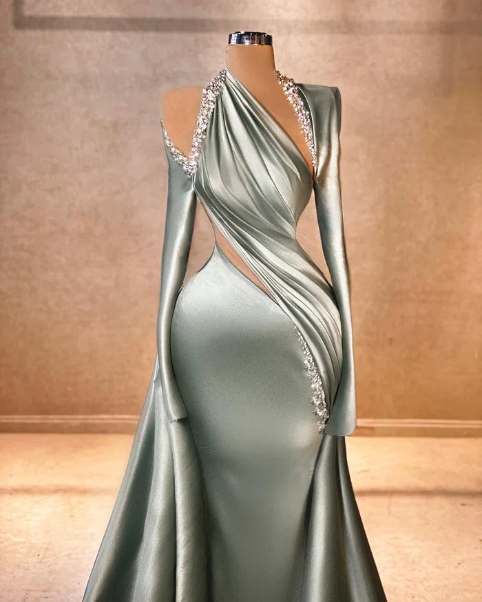 Charming Mermaid Irregular Collar Satin Rhinestone Halter Ruffled Long Prom Dress Formal Evening Gown ED01629