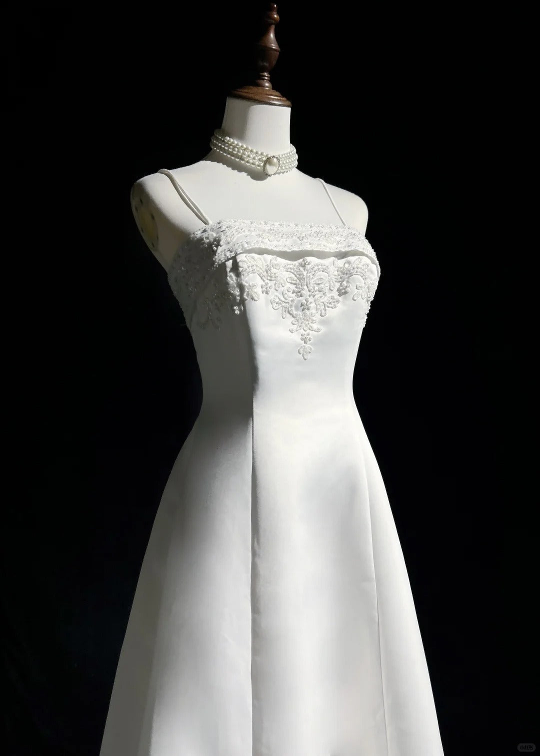 A-Line Spaghetti Strap Beaded Satin Long Prom Dress White Wedding Dress Graduation Prom Dress ED01630