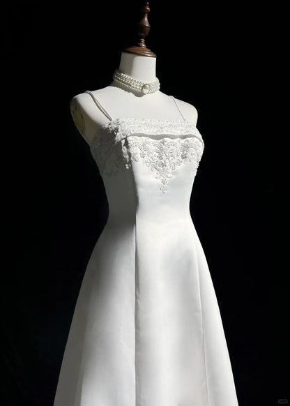 A-Line Spaghetti Strap Beaded Satin Long Prom Dress White Wedding Dress Graduation Prom Dress ED01630