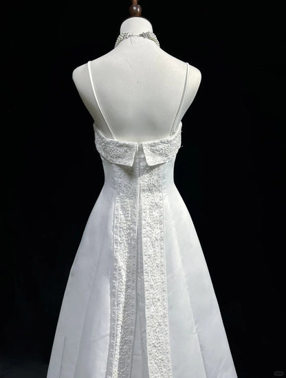 A-Line Spaghetti Strap Beaded Satin Long Prom Dress White Wedding Dress Graduation Prom Dress ED01630