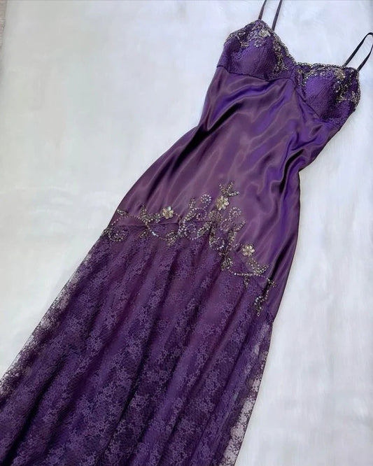 Vintage Spaghetti Straps Lace Beaded Prom Dress Graduation Prom Dress Adult Ceremony Dress ED01641
