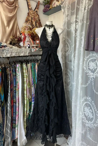 Enchanted Black A-Line  Ball Gown 💫Chiffon&Tulle Princess Halter  Open Back Design for Galas & Formal Events ED01642