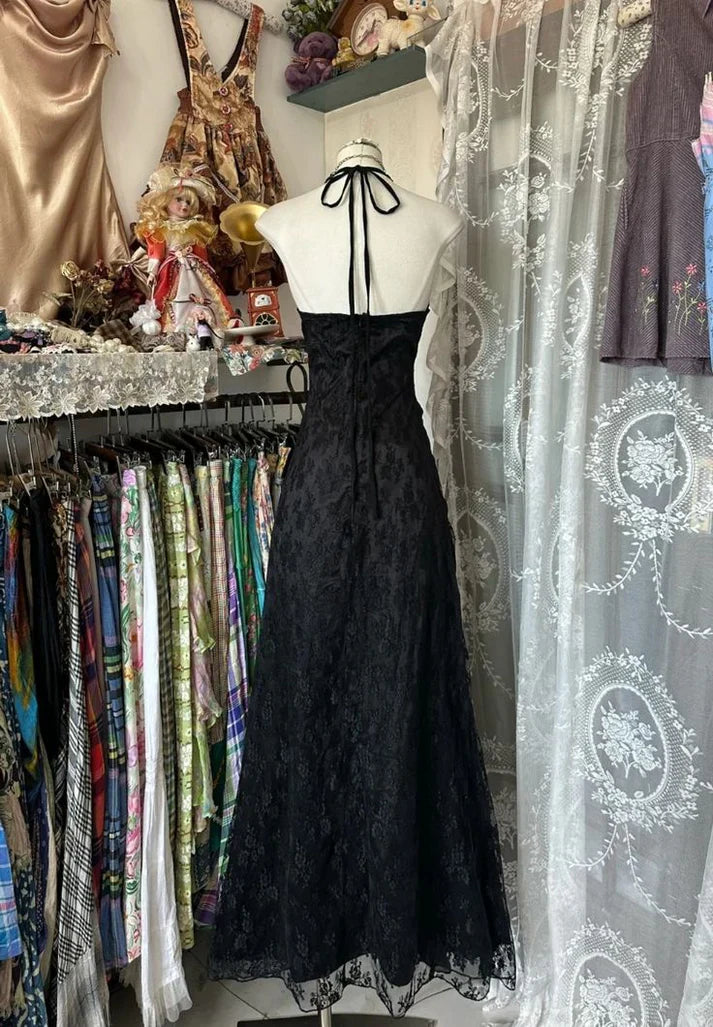 Enchanted Black A-Line  Ball Gown 💫Chiffon&Tulle Princess Halter  Open Back Design for Galas & Formal Events ED01642