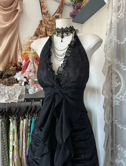 Enchanted Black A-Line  Ball Gown 💫Chiffon&Tulle Princess Halter  Open Back Design for Galas & Formal Events ED01642