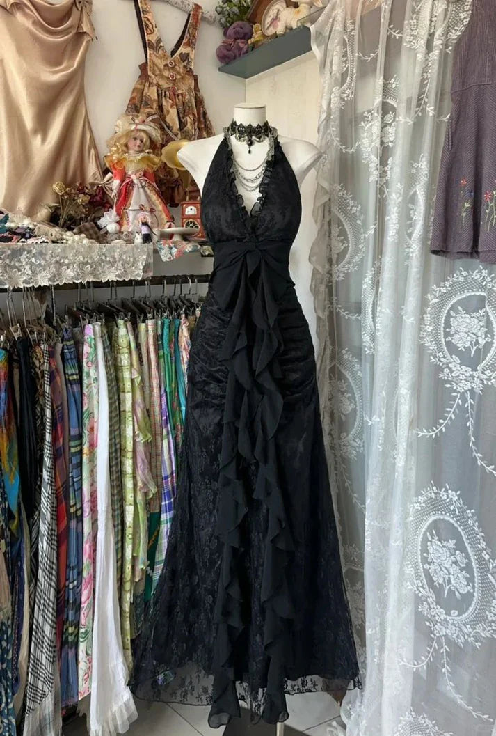 Enchanted Black A-Line  Ball Gown 💫Chiffon&Tulle Princess Halter  Open Back Design for Galas & Formal Events ED01642