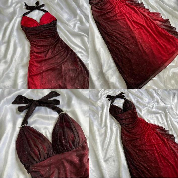 Shiny ✨Chiffon Prom Dress for Party&Birthday Elegant Halter Sweetheart Niche Ruffled Evening Gown ED01643