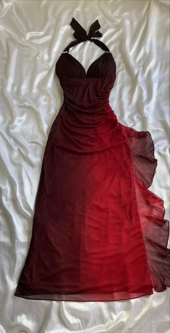 Shiny ✨Chiffon Prom Dress for Party&Birthday Elegant Halter Sweetheart Niche Ruffled Evening Gown ED01643