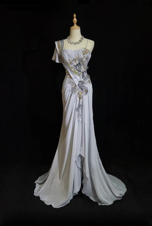 Mermaid Spaghetti Strap Chiffon Beaded Sequin Long Prom Dress Embroidered Applique Evening Gown ED01644