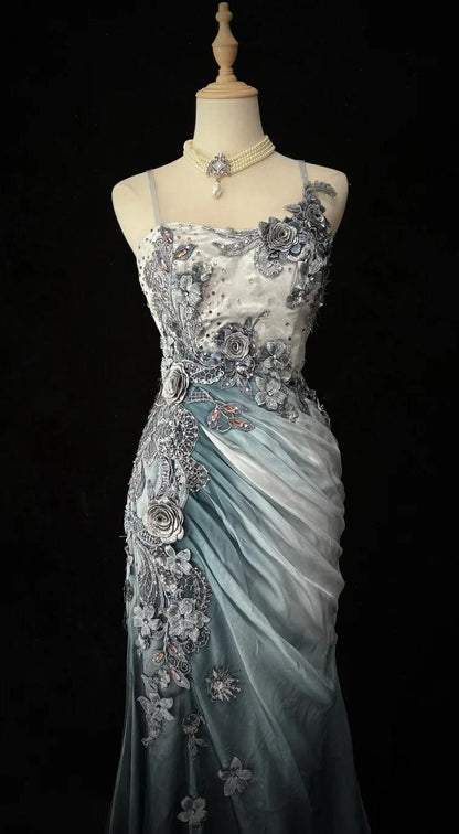 Elegant Chiffon Mermaid Gown  for Prom&Party 🎐Spaghetti Strap Sequined Applique Evening Gown  ED01646