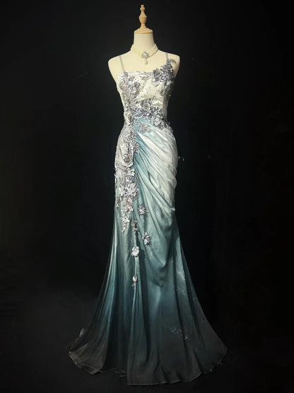 Elegant Chiffon Mermaid Gown  for Prom&Party 🎐Spaghetti Strap Sequined Applique Evening Gown  ED01646
