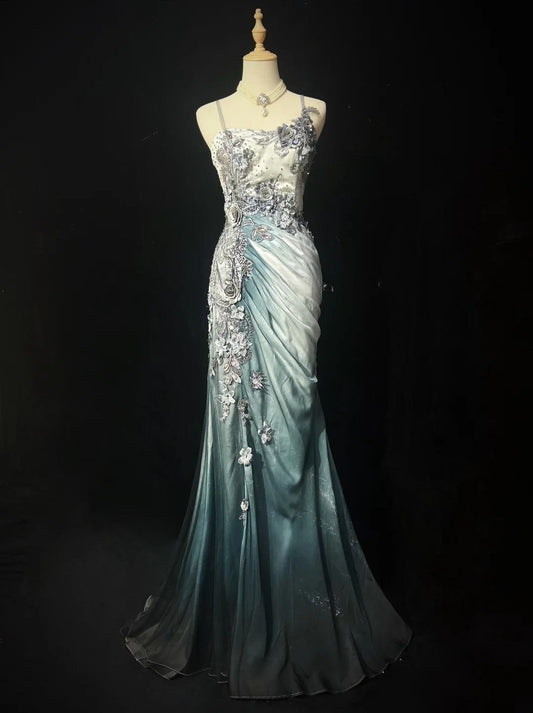 Elegant Chiffon Mermaid Gown  for Prom&Party 🎐Spaghetti Strap Sequined Applique Evening Gown  ED01646