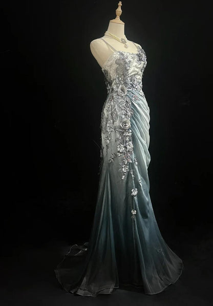 Elegant Chiffon Mermaid Gown  for Prom&Party 🎐Spaghetti Strap Sequined Applique Evening Gown  ED01646