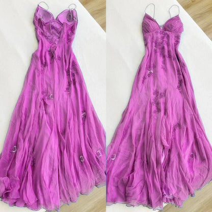 Pretty Spaghetti Straps Prom Dresses for Party✨V-neck  Beaded BacklessEvening Gown ED01485