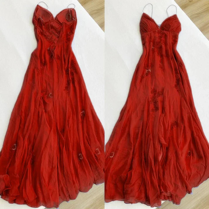 Pretty Spaghetti Straps Prom Dresses for Party✨V-neck  Beaded BacklessEvening Gown ED01485