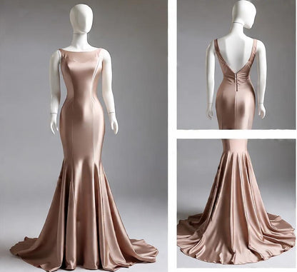 Deep Champagne Mermaid Simple Satin Long Prom Dress Backless Evening Gown ED01649