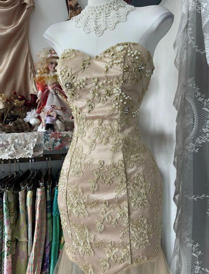 Yellow Mermaid Strapless Sweetheart Tulle Beaded Applique Long Prom Dress ED01651