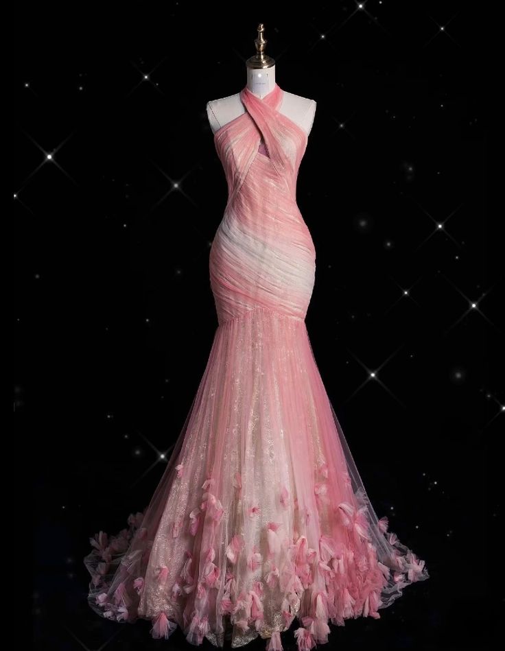 Pink Mermaid Halter Neck Tulle Long Prom Dress Sweet 16 Dress ED01653
