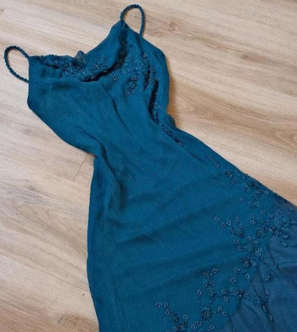 Teal Spaghetti Strap Chiffon Beaded Appliqué Long Prom Dress Evening Dress ED01656