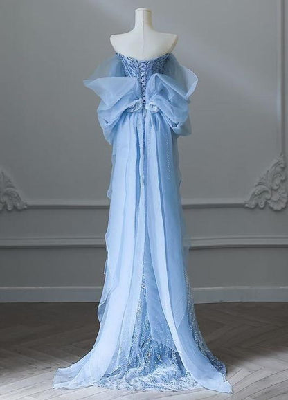 Sky Blue Mermaid Strapless Tulle Beaded Long Prom Dress Elegant Wedding Dress ED01661