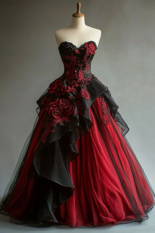 Burgundy A-Line Sweetheart Neck Tulle Applique Long Prom Dress Vintage Evening Gown ED01666