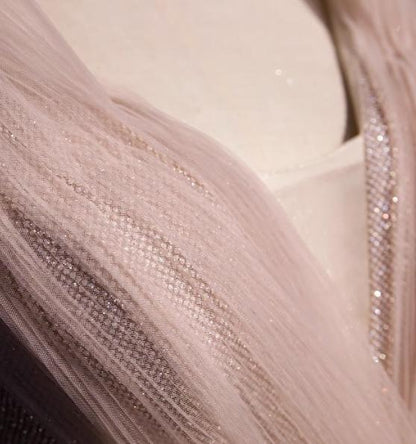 Blush Pink A-Line V-neck Glitter Tulle with Beaded Long Prom Dress Adult Ceremony Evening Dress ED01668