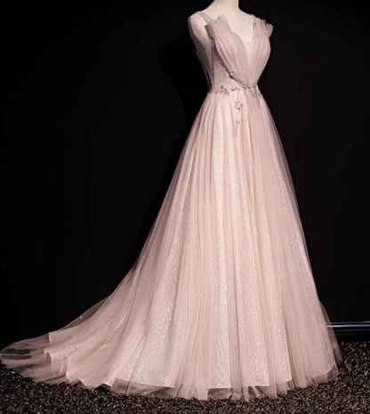 Blush Pink A-Line V-neck Glitter Tulle with Beaded Long Prom Dress Adult Ceremony Evening Dress ED01668