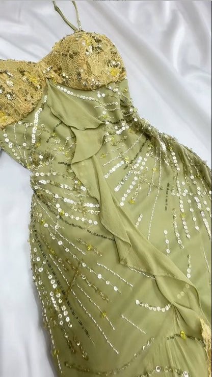Green Bodycon Dress Beautiful Spaghetti Straps Chiffon Sequin Long Prom Dress Evening Dress ED01673