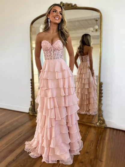 A-Line Sweetheart Neck Chiffon Lace Blue Long Prom Dress, Blue Long Graduation Dress ED01677