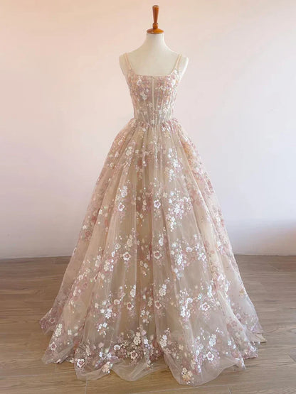 Sweet Light Champagne A-Line Tulle Sequin Applique Long Prom Dress Prom Dress Birthday Dress ED01678