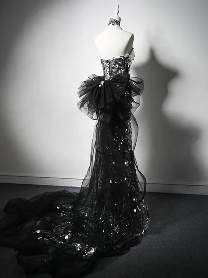 Modest Silver Mermaid Strapless Sequin Tulle  Long Prom Dress Formal Evening Dress ED01680