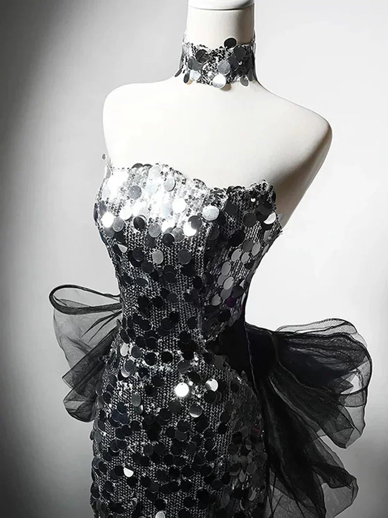 Modest Silver Mermaid Strapless Sequin Tulle  Long Prom Dress Formal Evening Dress ED01680