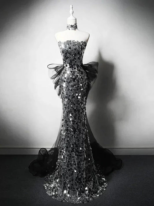 Modest Silver Mermaid Strapless Sequin Tulle  Long Prom Dress Formal Evening Dress ED01680