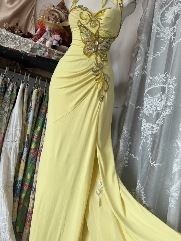 Temperament Yellow Mermaid Halter Neck Sequin Diamond Long Prom Dress Birthday Dress ED01686