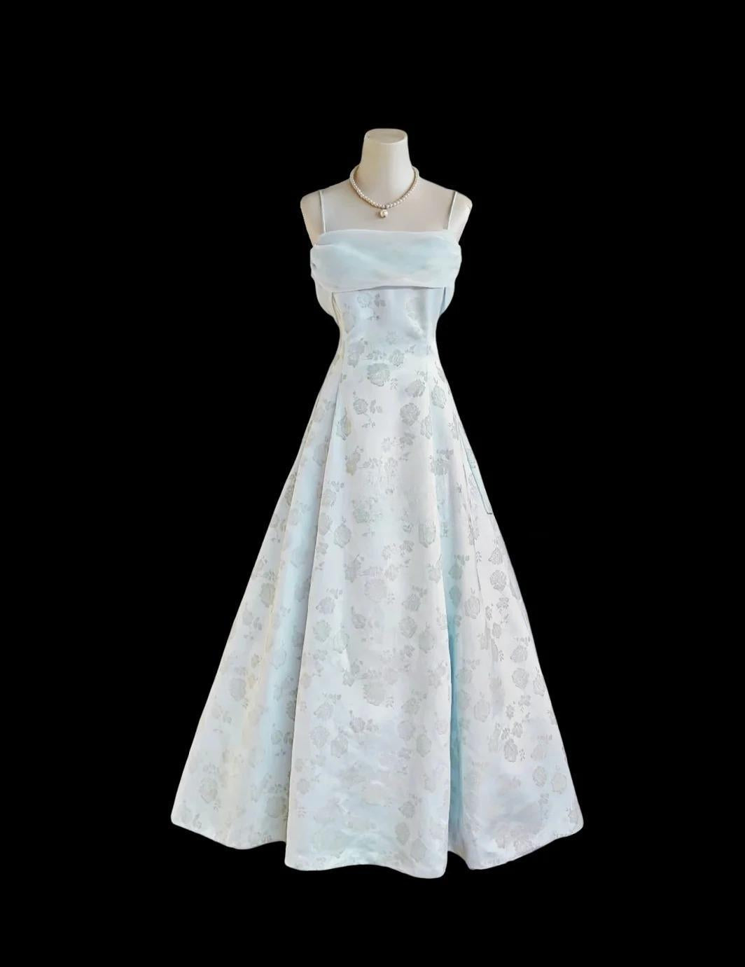 Gentle Blue A-Line Spaghetti Strap Satin Chiffon Long Prom Dress Birthday Dress Graduation Prom Dress ED01689