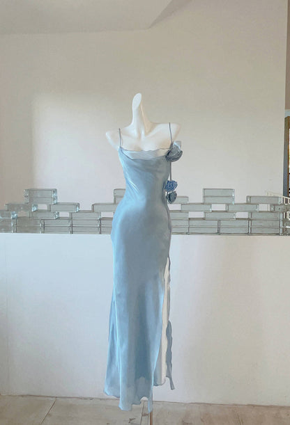 Gentle Blue Bodycon Dress Spaghetti Strap Chiffon Long Prom Dress Graduation Prom Dress ED01694