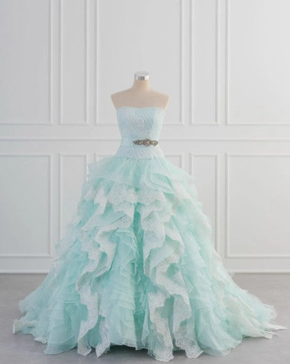 Light Blue A-Line Strapless Tulle Lace Long Prom Dress Vintage Wedding Dress ED01700