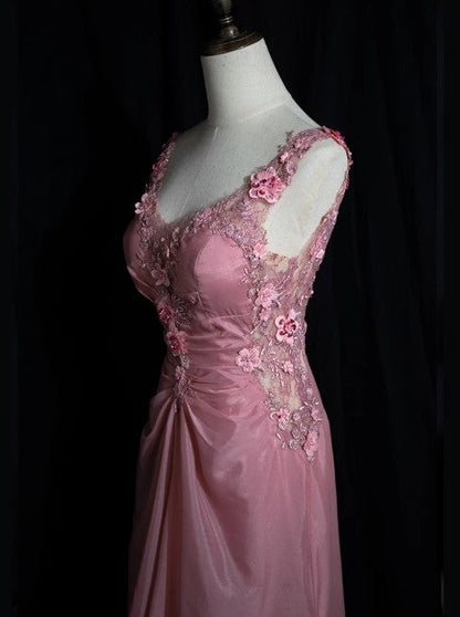 Gray Pink Retro Mermaid V-neck Chiffon Beaded Long Prom Dress Sweet Applique Birthday Dress ED01705