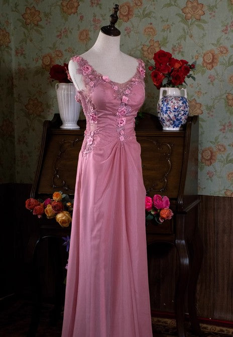 Gray Pink Retro Mermaid V-neck Chiffon Beaded Long Prom Dress Sweet Applique Birthday Dress ED01705
