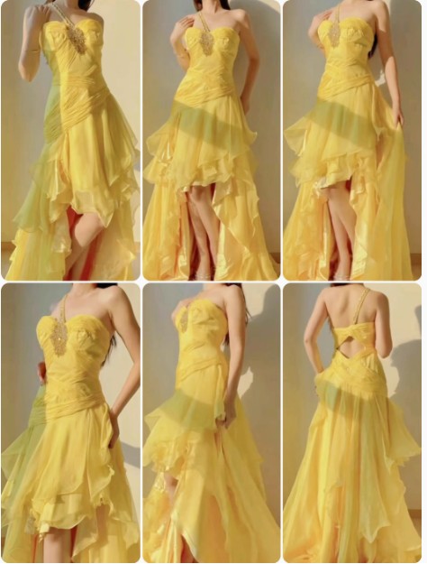 Yellow A-Line One Shoulder Chiffon Long Prom Dress Sweet Layered Birthday Dress ED01706